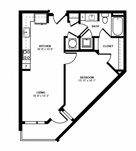 Floor plan for 1 bed, 1 bath, 660 sqft
